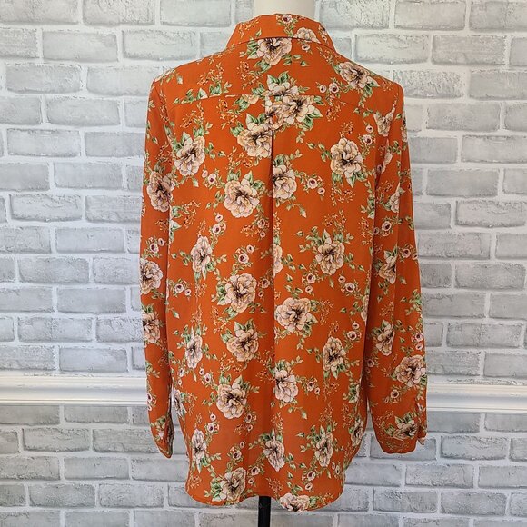 Pleione Floral Chiffon Button Up Blouse Top Feminine Relaxed Orange White XL - Picture 4 of 8